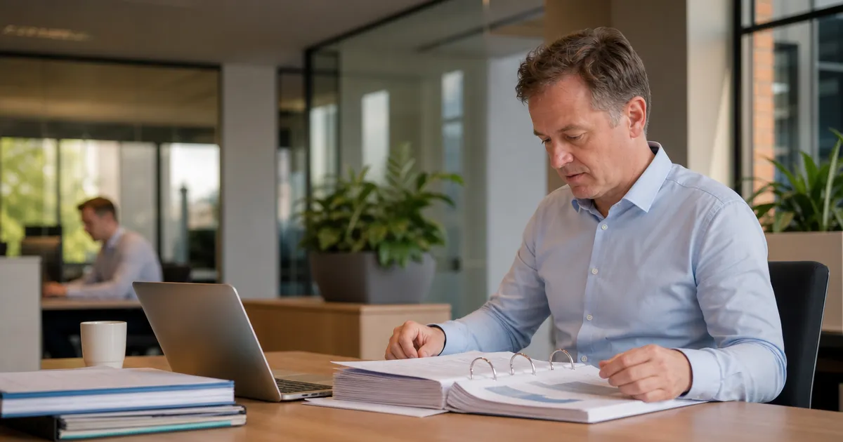 Accountant bekijkt een jaarrekeningdossier naast een laptop op een accountantskantoor: AI-agents voor dossiervoorbereiding en klantvragen