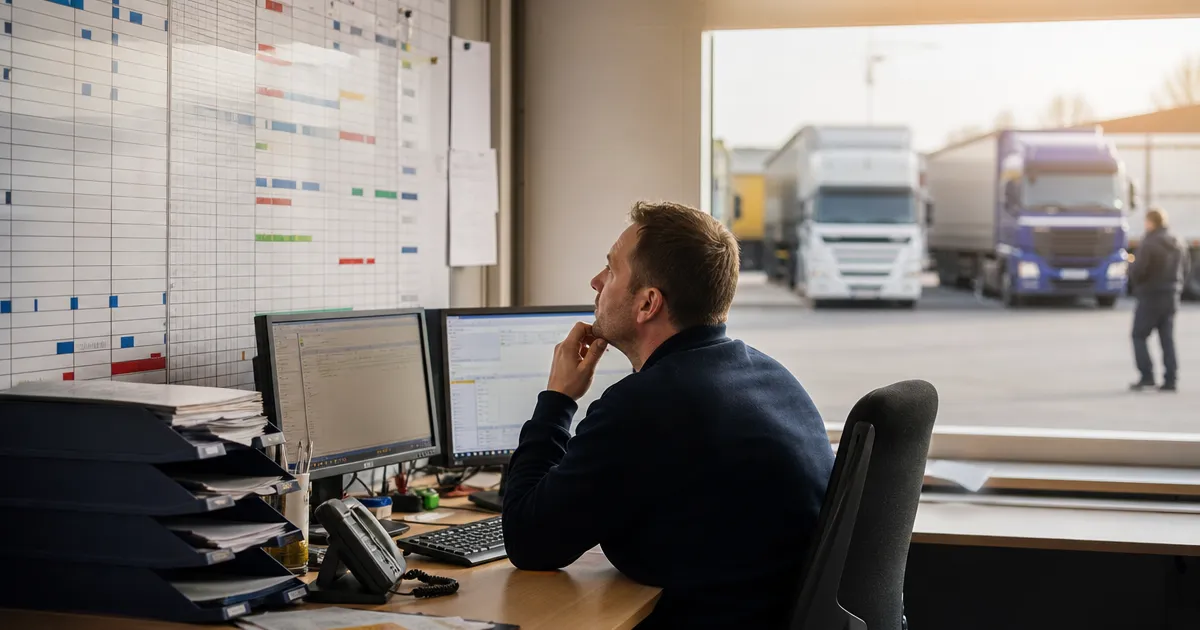 Planner in een transportkantoor bij een planbord met vrachtwagens buiten: AI-agents voor ritplanning, documenten en klantcommunicatie