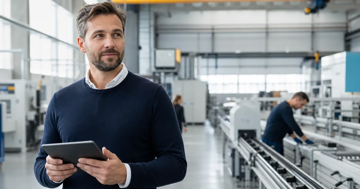 Operationeel manager met tablet op een productievloer: AI-agents voor planning, werkbonnen en rapportages