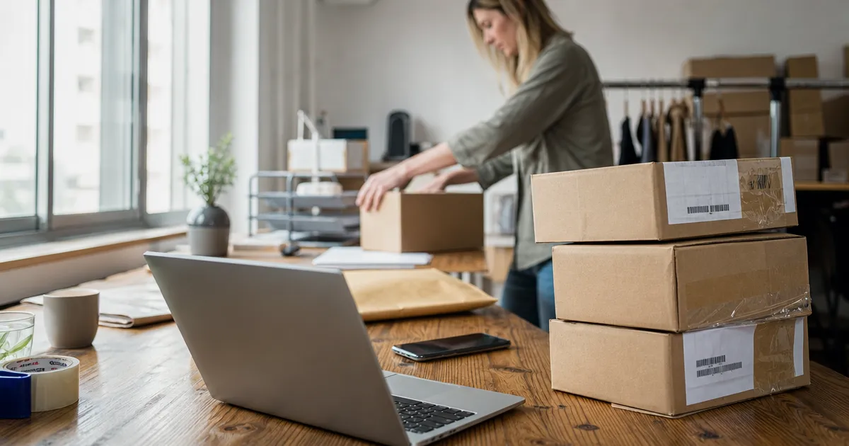 Bureau van een webshopeigenaar met laptop en pakketten met verzendlabels: AI-agents voor klantenservice en productcontent