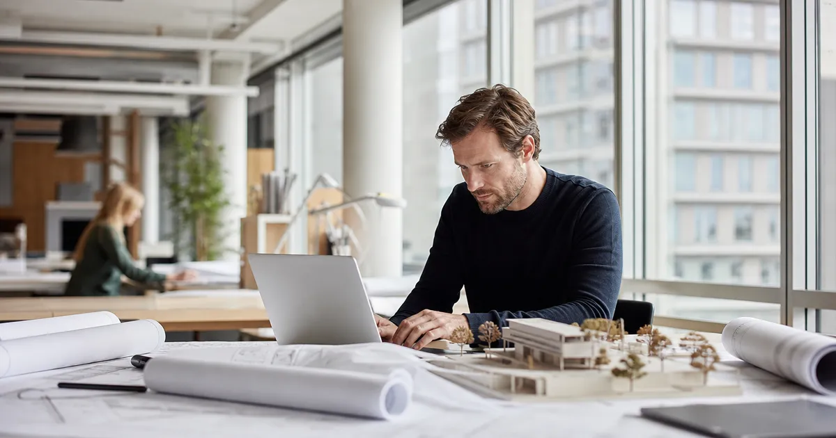 Architect met bouwtekeningen, laptop en maquette: AI voor bestek, vergunning en visualisatie