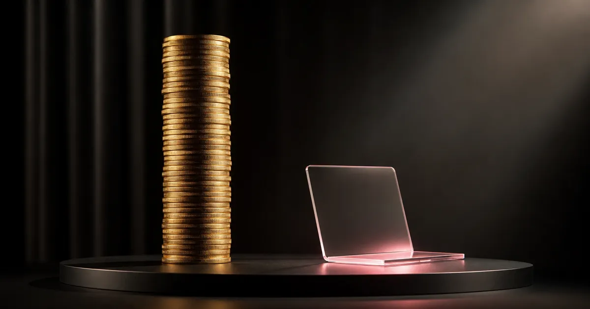 Hoge kolom van gouden munten naast een roze gloeiende glazen laptop: Lovable haalt 400 miljoen dollar op