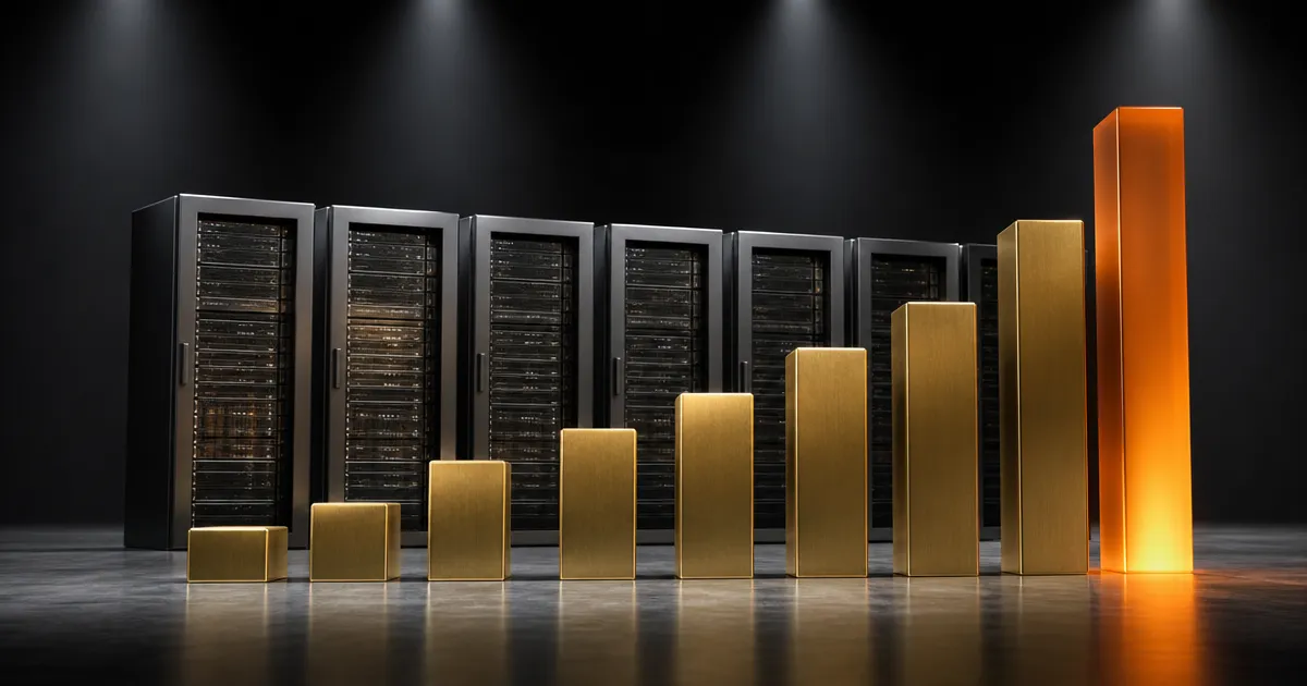 Serverrekken met een oplopende trap van goudstaven ervoor: NVIDIA-servers worden ruim 15 procent duurder