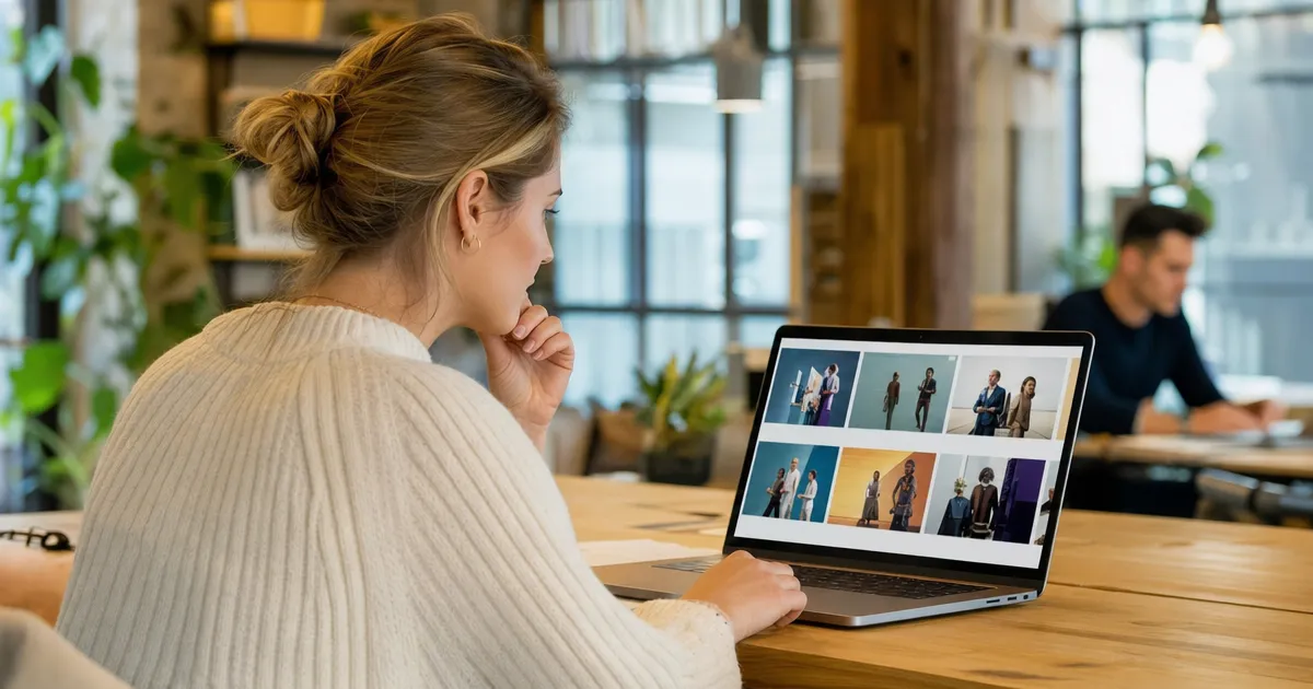 Marketeer bekijkt meerdere advertentievarianten op een laptopscherm naast een smartphone: advertentie maken met AI