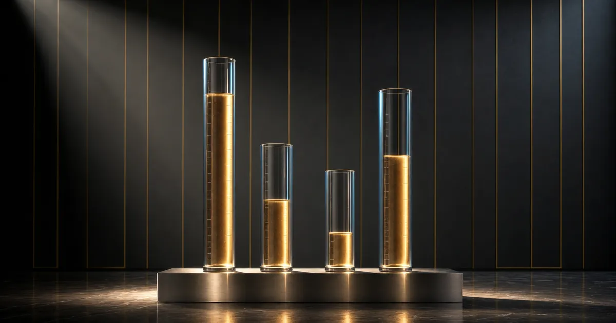 Vier transparante meetkolommen van verschillende hoogte op een platina sokkel in een donkere luxe studio, symbool voor tegenstrijdige AI-adoptiecijfers in het Nederlandse MKB