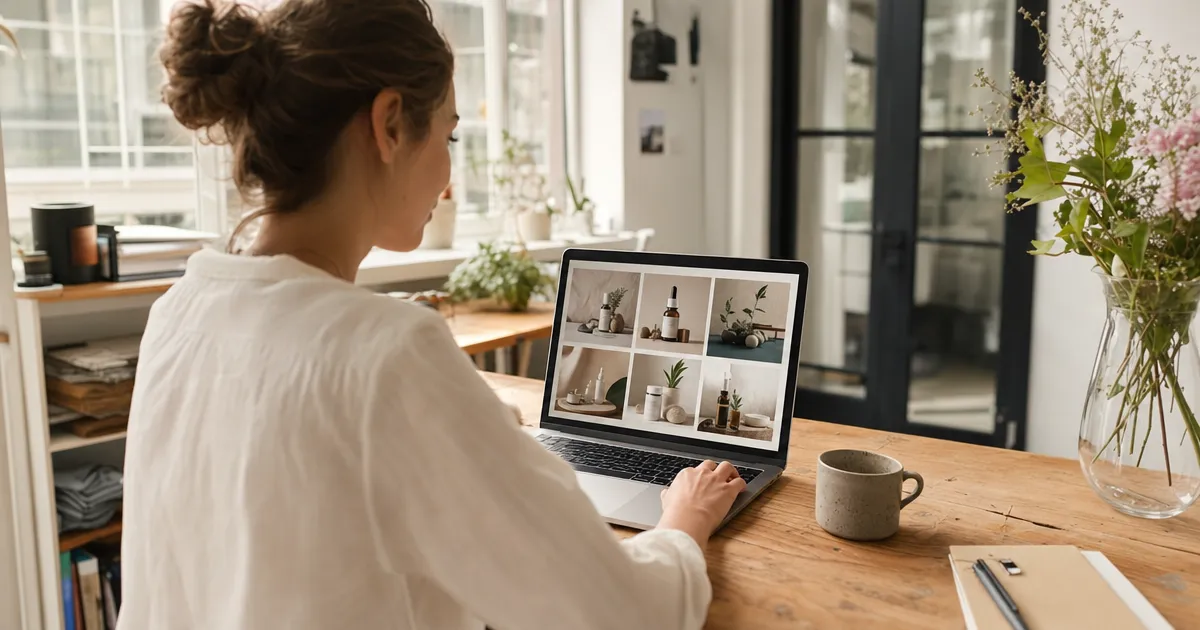 Ondernemer bekijkt AI-gegenereerde productbeelden op een laptop in een lichte werkruimte
