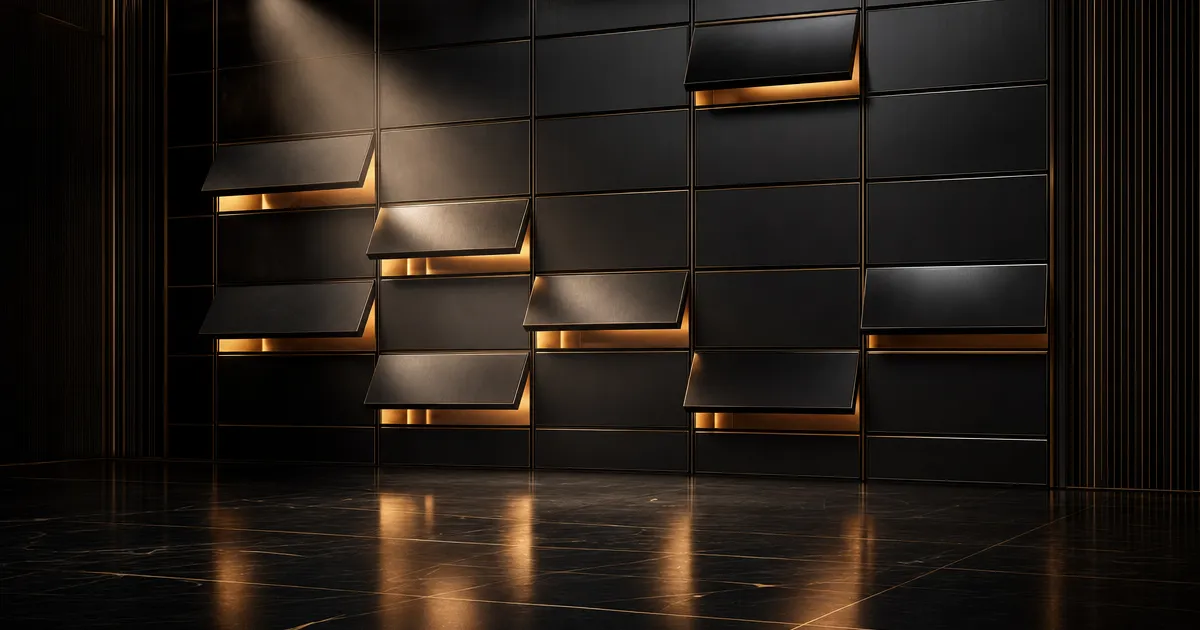 Wand van zwarte panelen waarvan een deel openkantelt en warm licht onthult, in een donkere studio, symbool voor feiten tegenover fictie over AI en de arbeidsmarkt