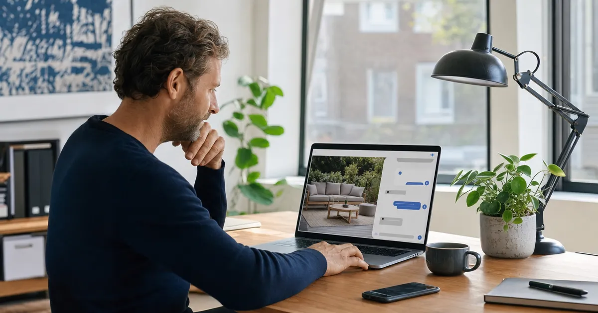 Mkb-ondernemer bekijkt een chatvenster op zijn website naast een klantvraag: een AI-chatbot voor je website