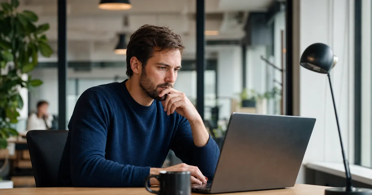 Developer bekijkt AI-commentaar op een pull request op een laptopscherm in een kantoor