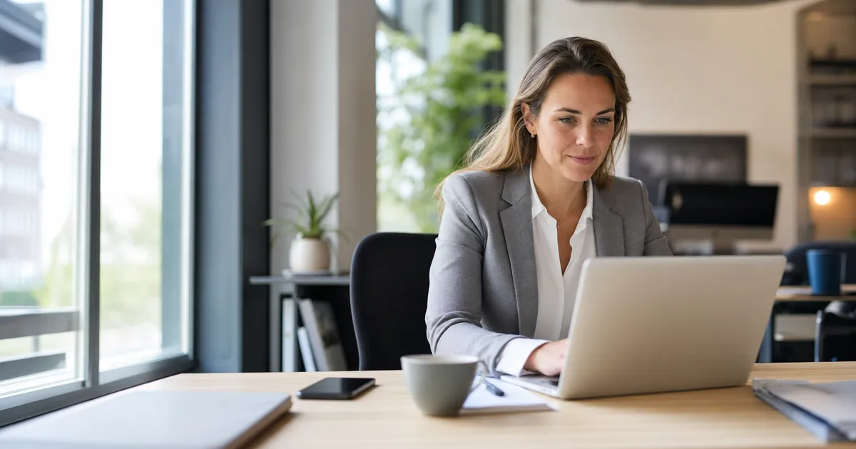 Officemanager achter een laptop met een opgeruimde inbox: e-mail automatiseren met AI