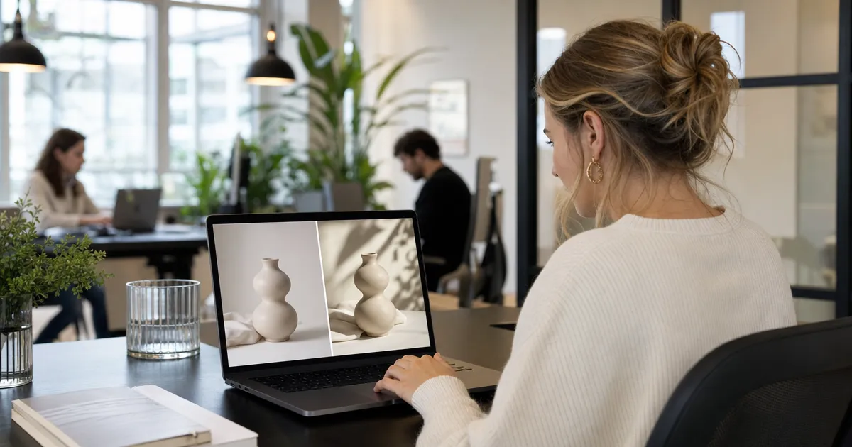 Marketeer vergelijkt een origineel en een AI-bewerkte productfoto naast elkaar op een laptop in een lichte werkruimte