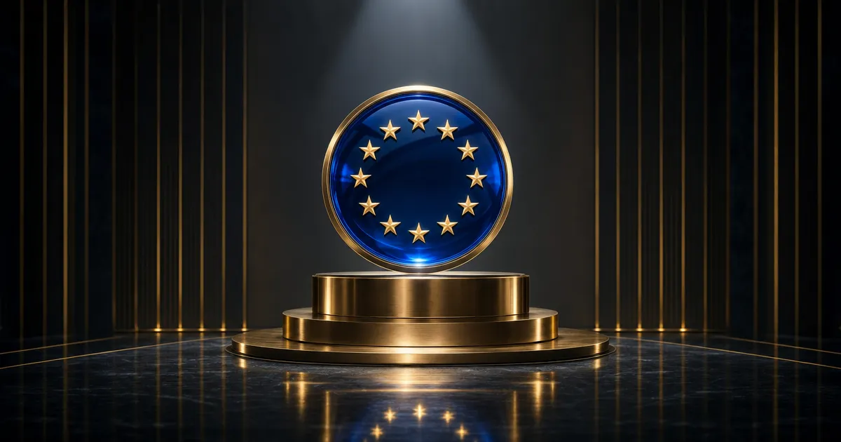 Een blauw glaspaneel met een cirkel van gouden sterren op een gouden podium in een donkere luxe studio, symbool voor de verplichte AI-geletterdheid onder de EU AI Act