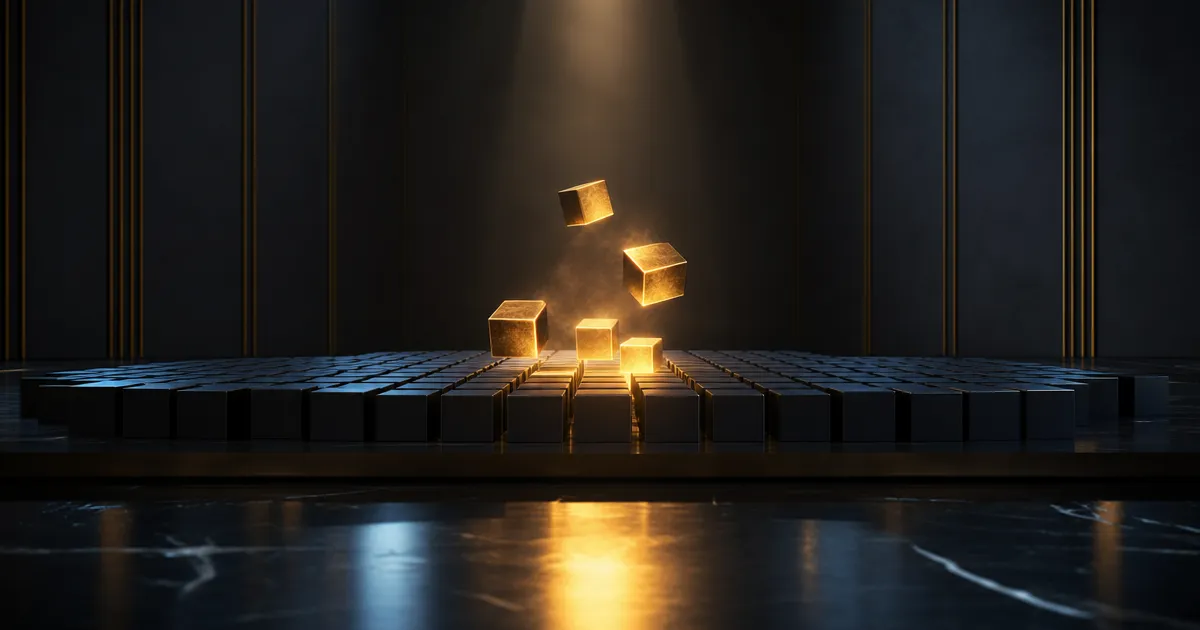 Een grid van matzwarte blokken waaruit enkele blokken oplichten en omhoog breken in goud, in een donkere studio, symbool voor de weinige bedrijven die echt waarde uit AI-implementatie halen