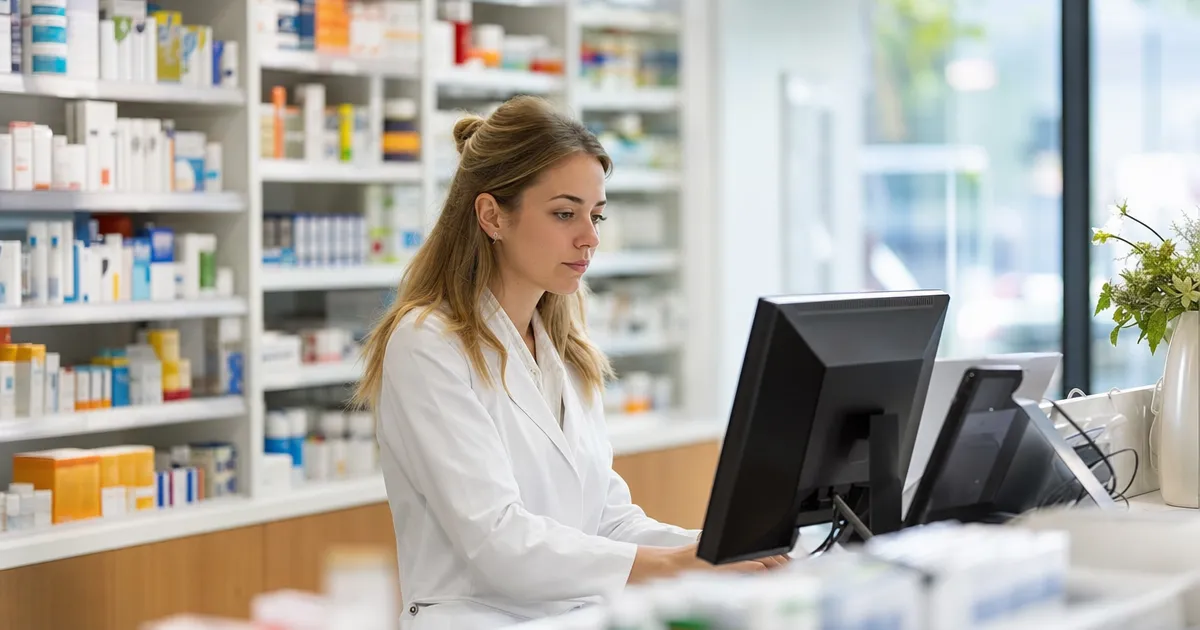 Apothekersassistent bekijkt een medicatieoverzicht op een scherm achter de balie