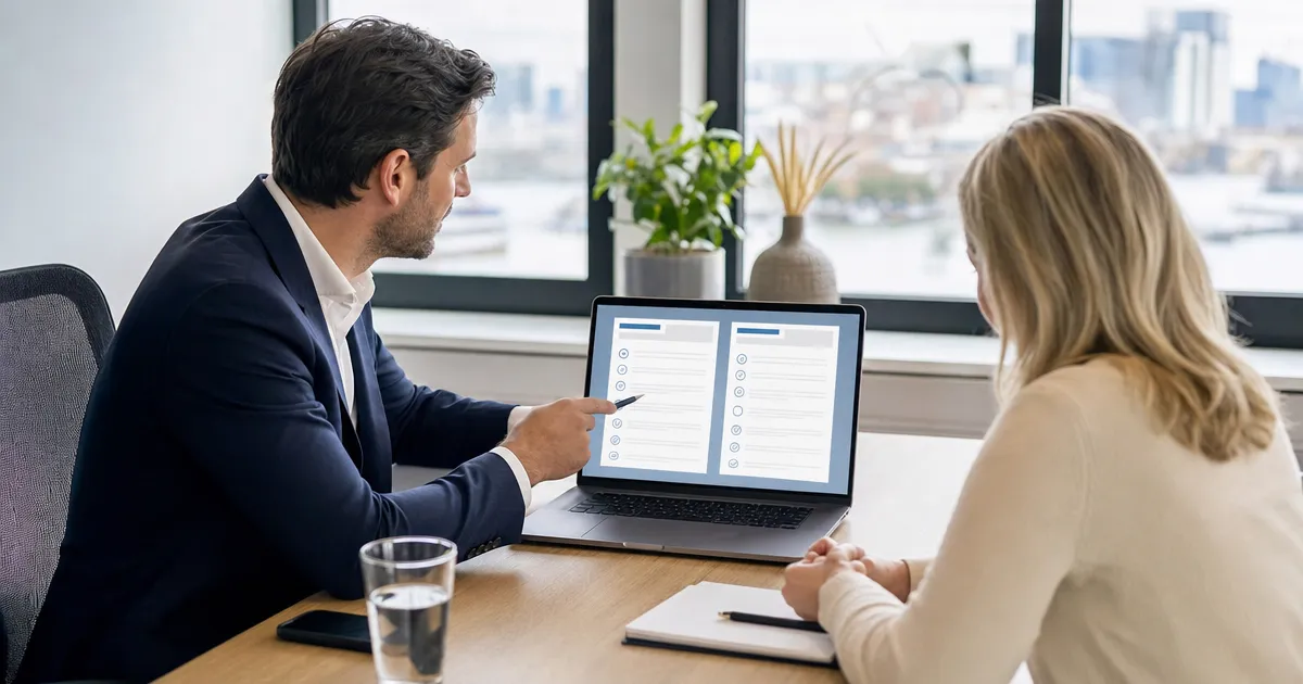 Financieel adviseur vergelijkt twee polisvoorwaarden naast elkaar op een laptop op een opgeruimd bureau
