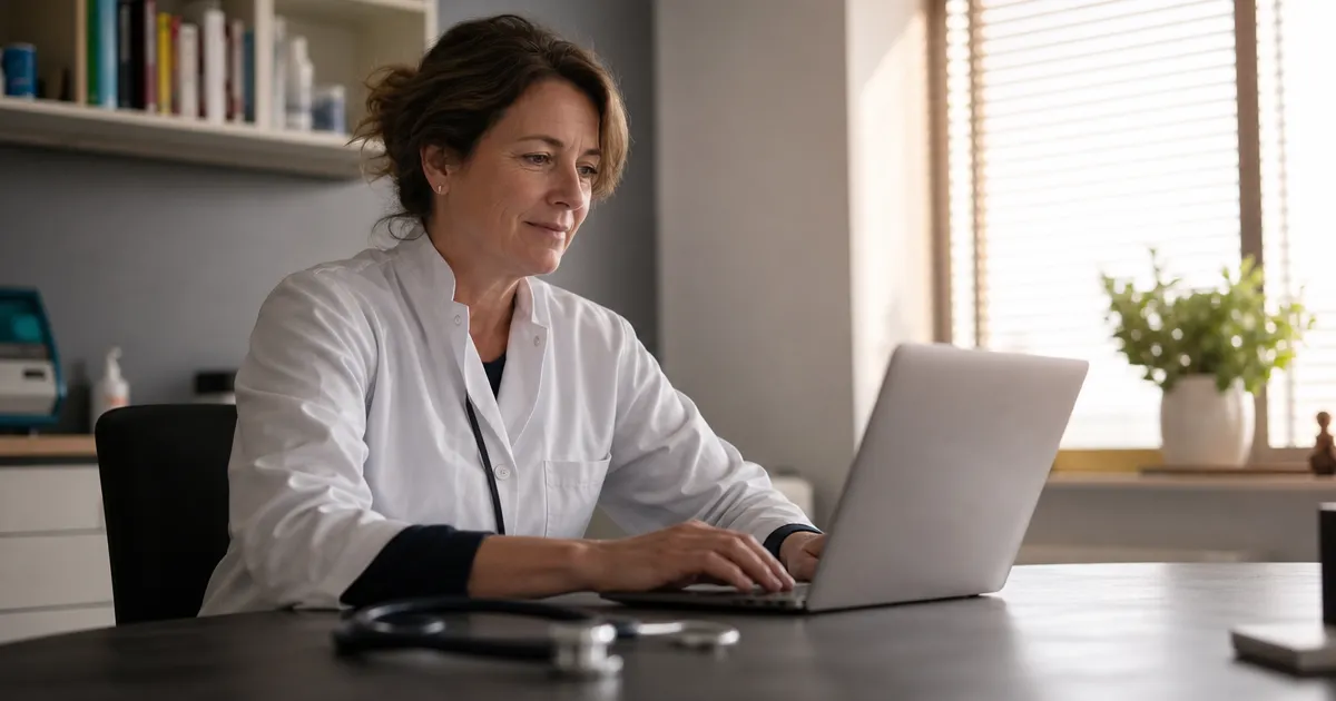Huisarts aan het bureau met laptop na het laatste consult: vijf praktische AI-toepassingen in de huisartsenpraktijk
