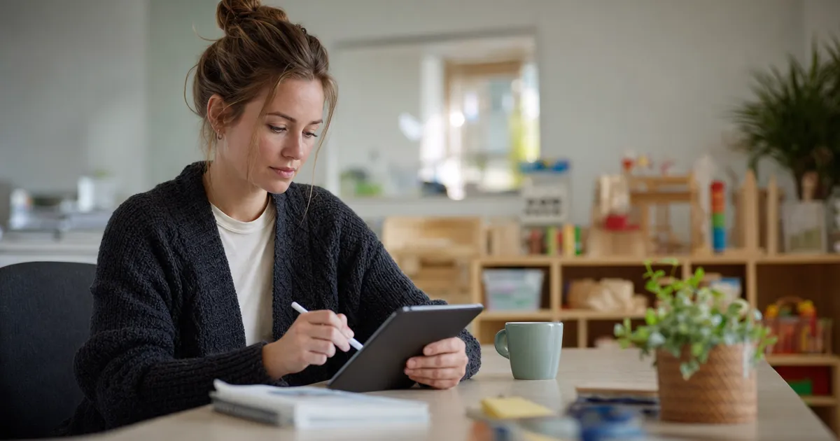 Pedagogisch medewerker werkt aan een observatieverslag op een tablet in een rustig hoekje van de groepsruimte