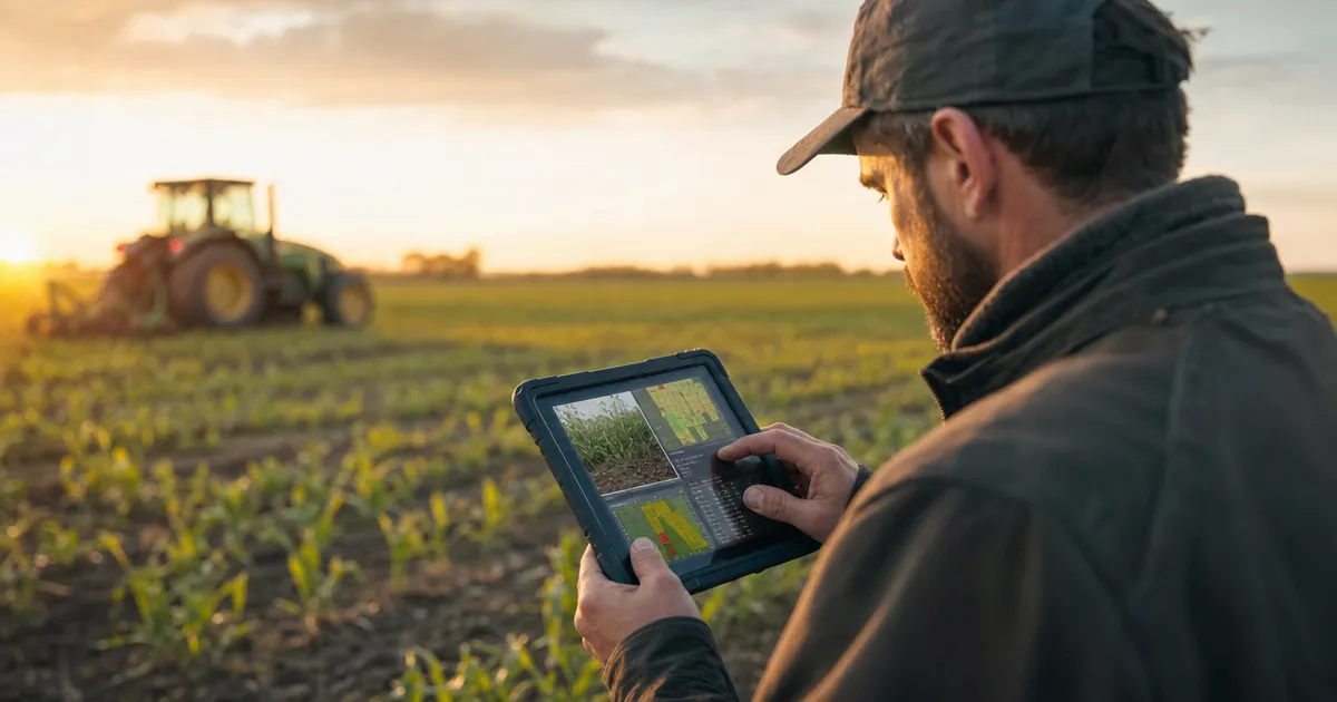 Akkerbouwer bekijkt perceelgegevens en gewasfoto's op een tablet aan de rand van een veld