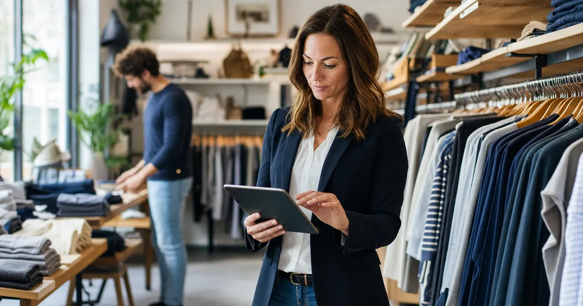 Winkelmanager maakt het personeelsrooster op een tablet in een kledingwinkel: AI in de retail