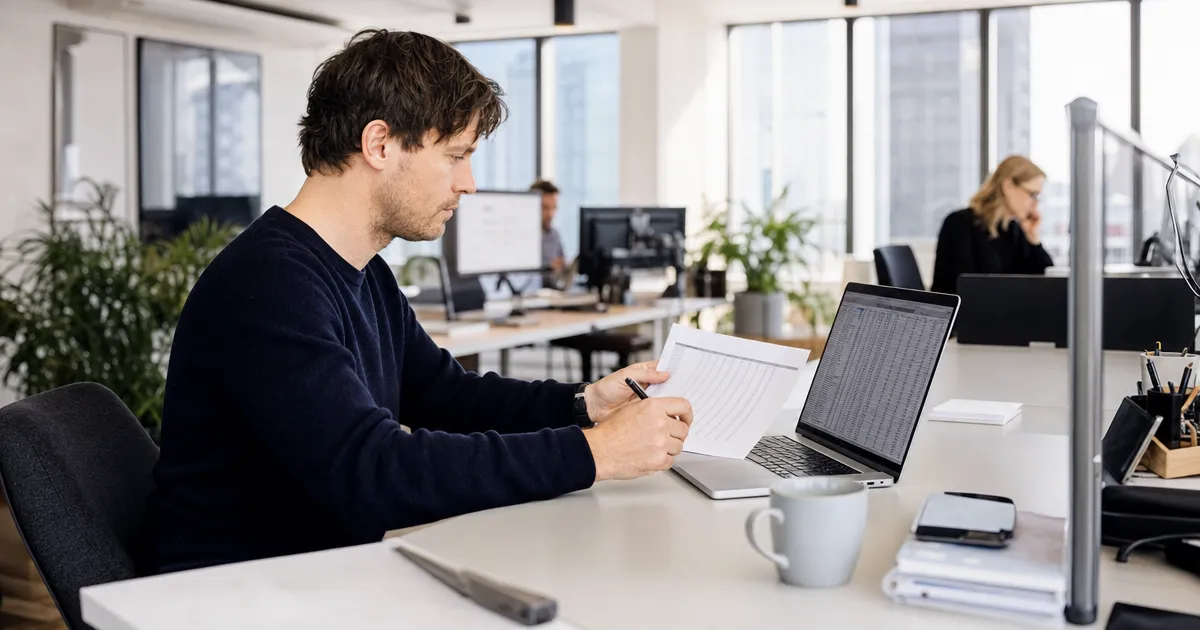 Controller die op een laptop een Excel-rapport met AI-voorgestelde formules controleert