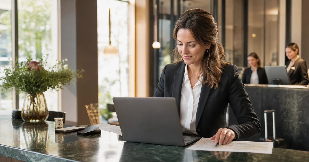 Front office manager bekijkt gastreviews en een personeelsrooster op een laptop bij de receptiebalie van een hotel