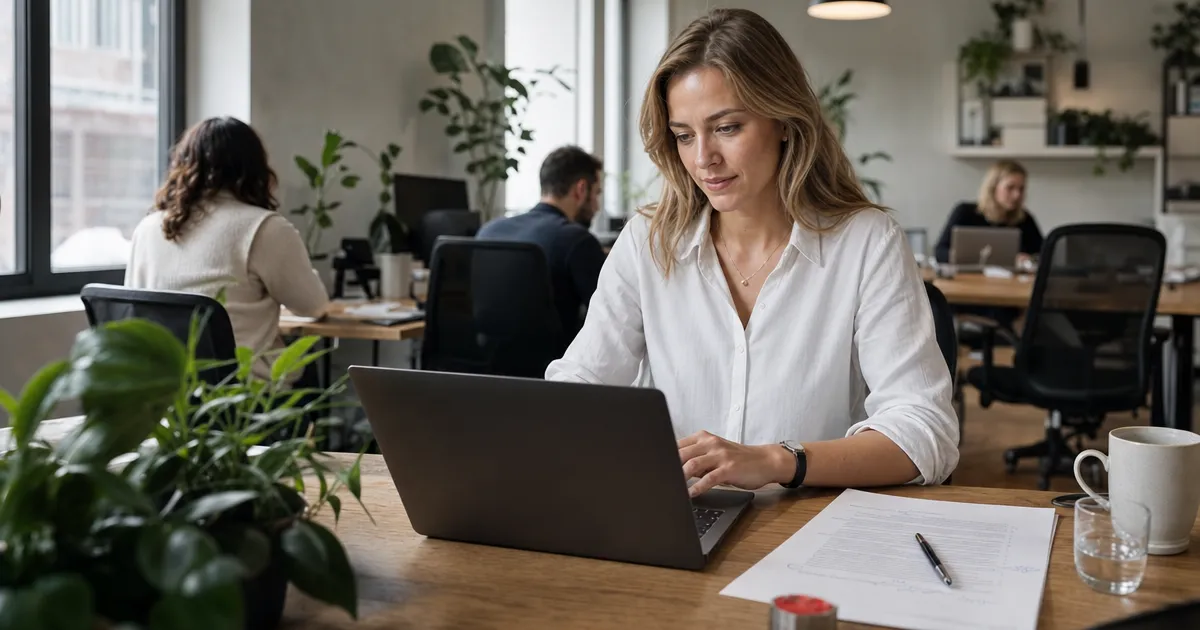 Medewerker herschrijft een zakelijke tekst op een laptop met AI