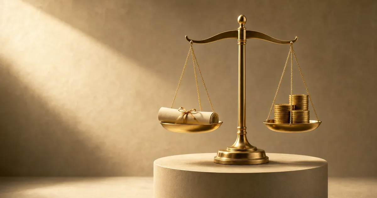 Gouden weegschaal waarbij een opleidingscertificaat tegen een stapel muntstukken wordt afgewogen, symbool voor subsidie en scholing