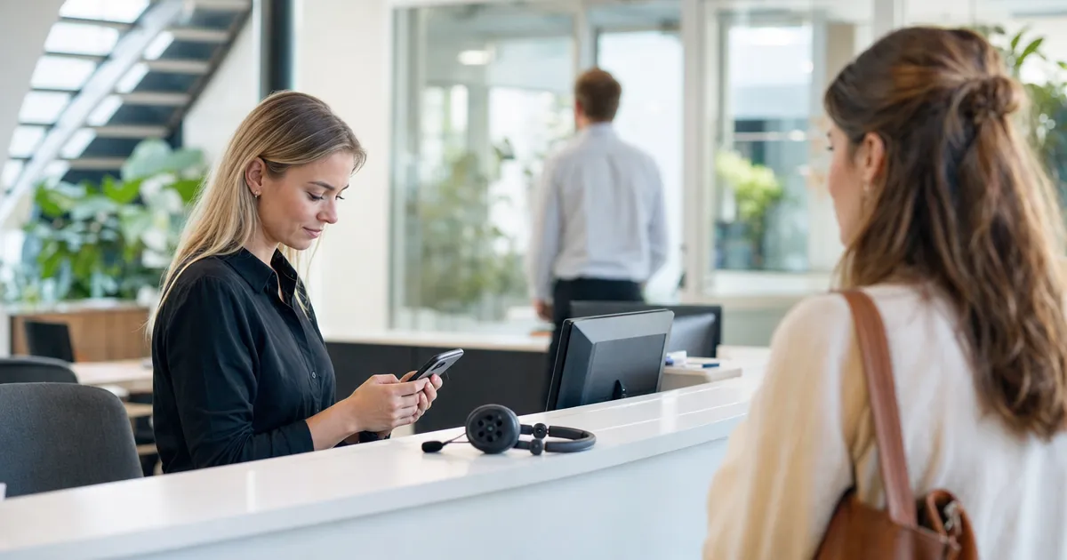 Baliemedewerker bij een klein bedrijf kijkt naar een telefoon en een headset terwijl een klant wacht