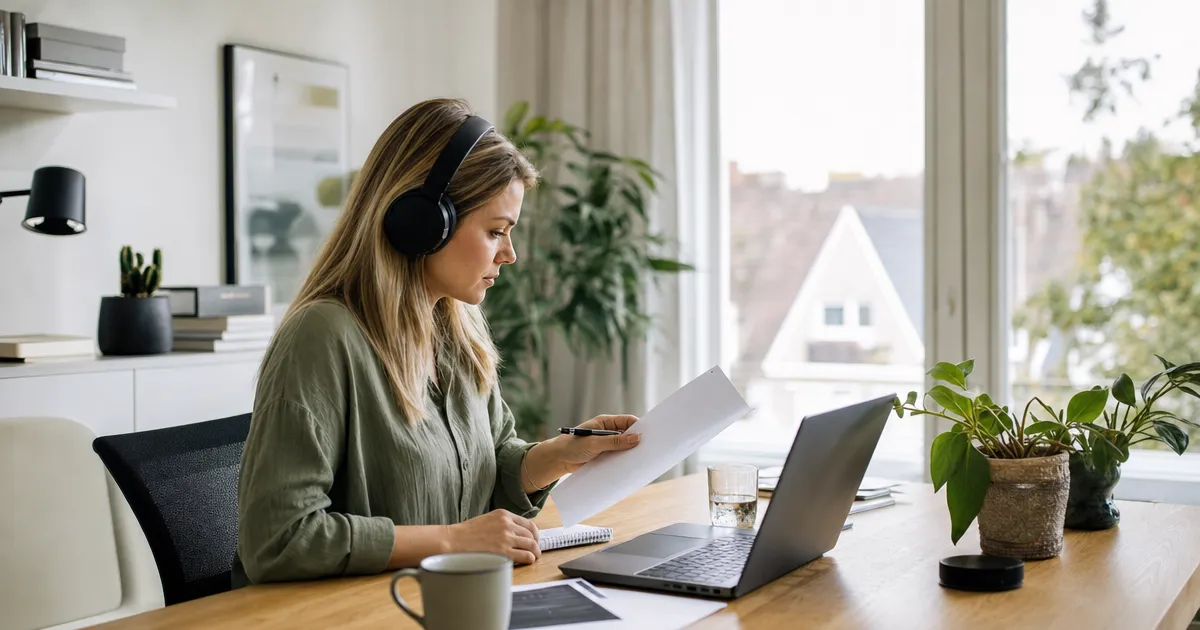 Marketeer luistert met een koptelefoon naar een AI-gegenereerde voice-over terwijl hij het script naast zijn laptop controleert