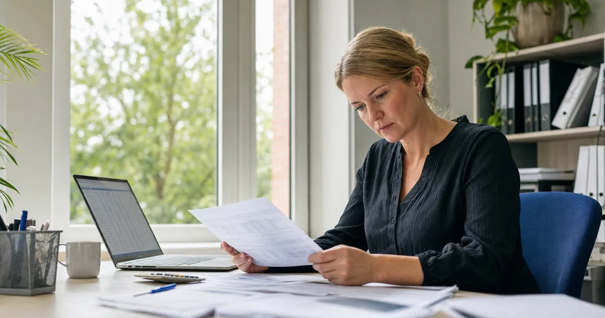 Boekhouder bekijkt facturen naast een laptop met een boekhoudpakket open op een bureau