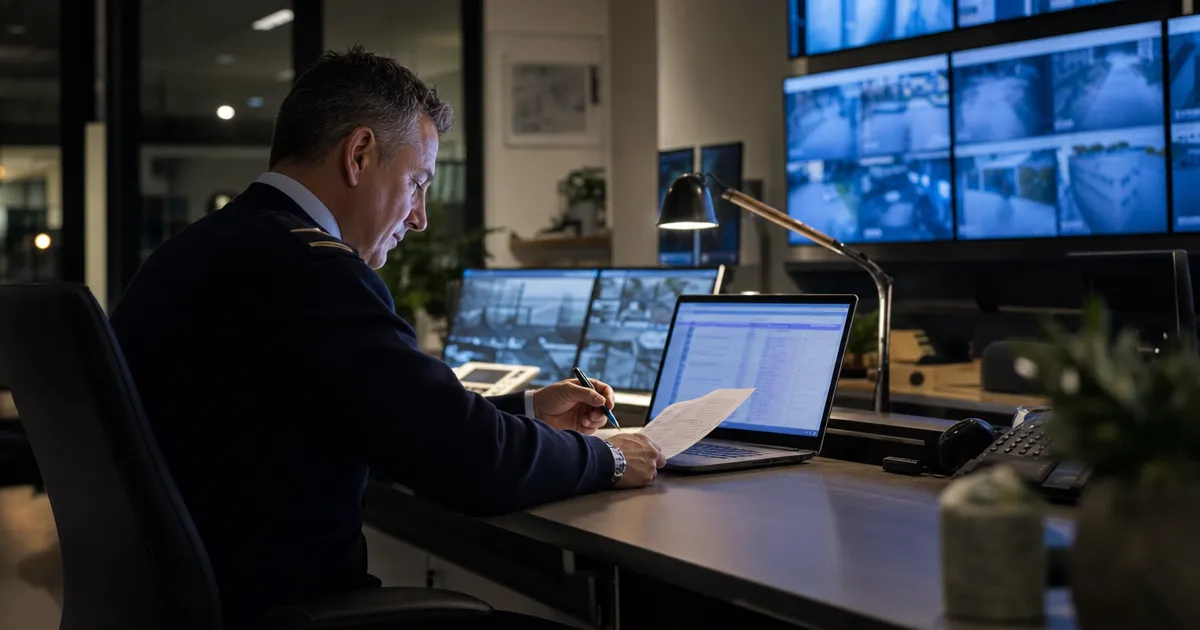 Beveiliger bekijkt een dagrapportage en rooster op een laptop in een meldkamer bij nacht: AI voor beveiligingsbedrijven