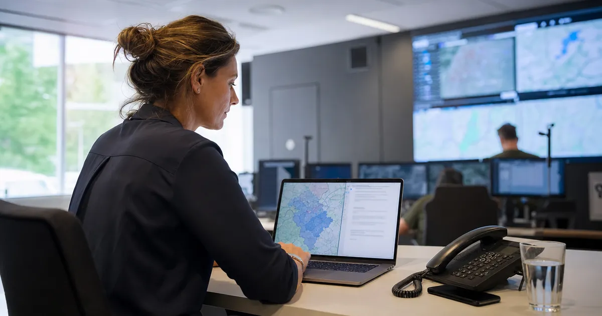 Klantenservicemedewerker van een drinkwaterbedrijf bekijkt een storingsmelding en een conceptbericht aan klanten op een laptop