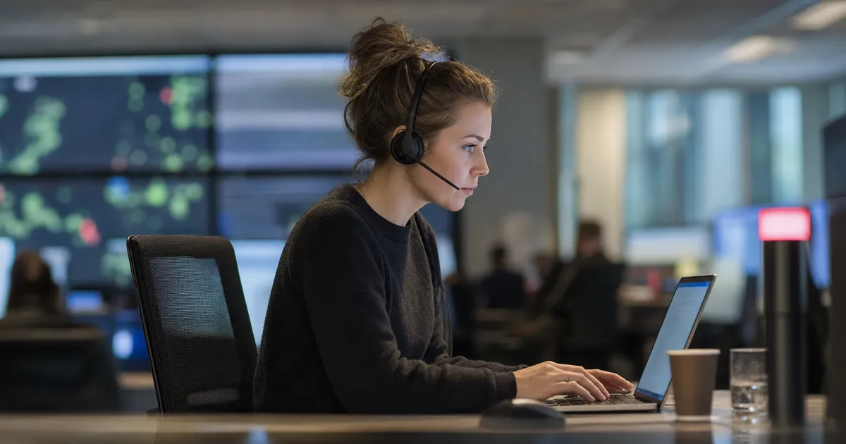 Klantenservicemedewerker van een energiebedrijf bekijkt een storingsupdate en een klantvraag over netcongestie op een laptop