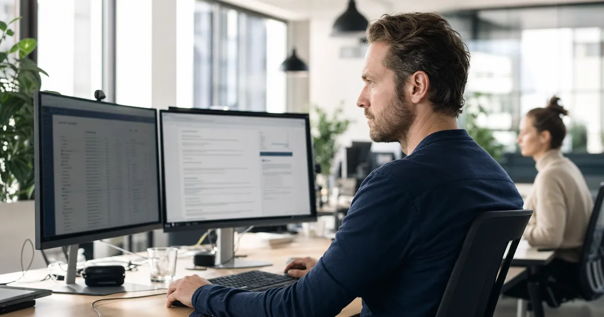 Delivery manager bij een IT-dienstverlener bekijkt een supportticket en een documentatiepagina naast elkaar op twee schermen