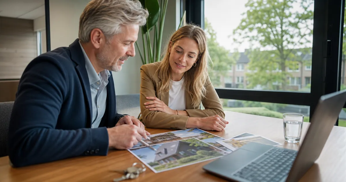 Makelaarskantoor met laptop en woningfoto's op tafel: zes praktische AI-toepassingen voor makelaars