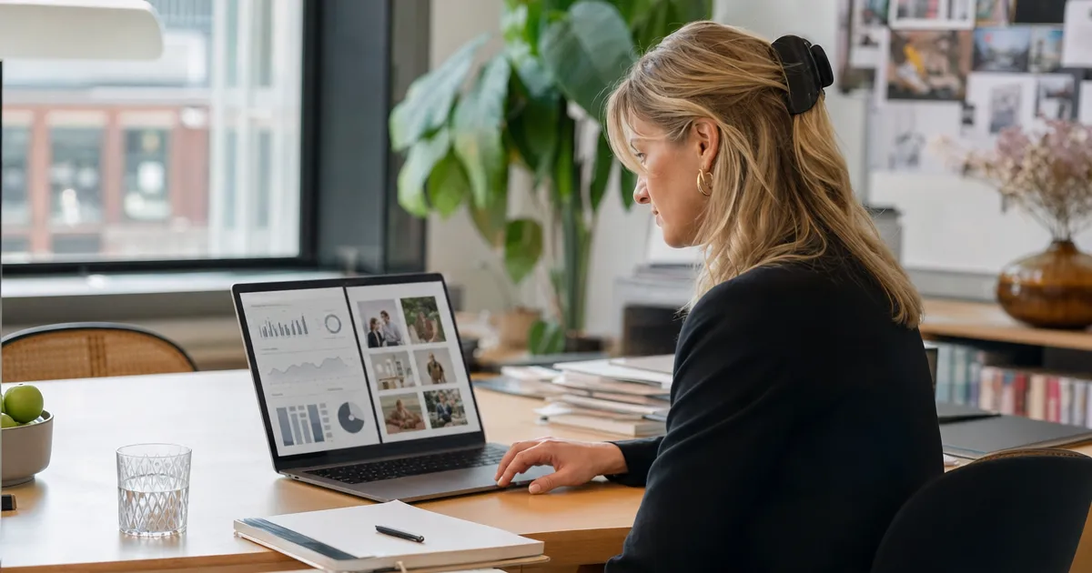Accountmanager bij een marketingbureau bekijkt een klantrapportage en contentconcepten naast elkaar op een laptop