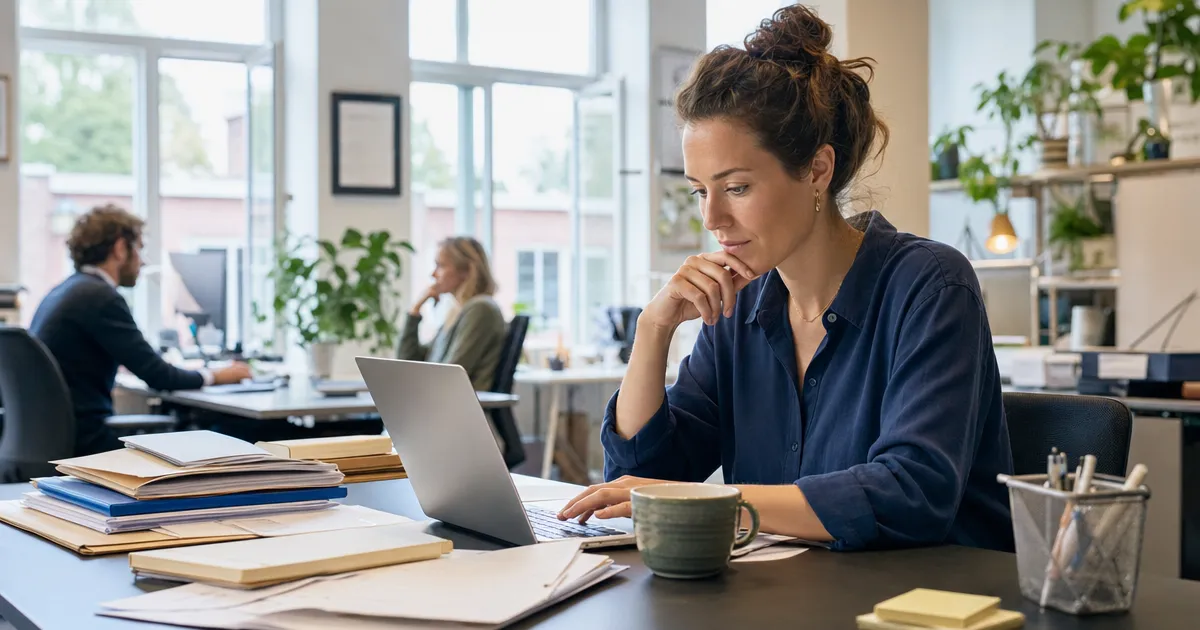 Medewerker van een stichting bekijkt donateursupdates en een subsidieaanvraag op een laptop