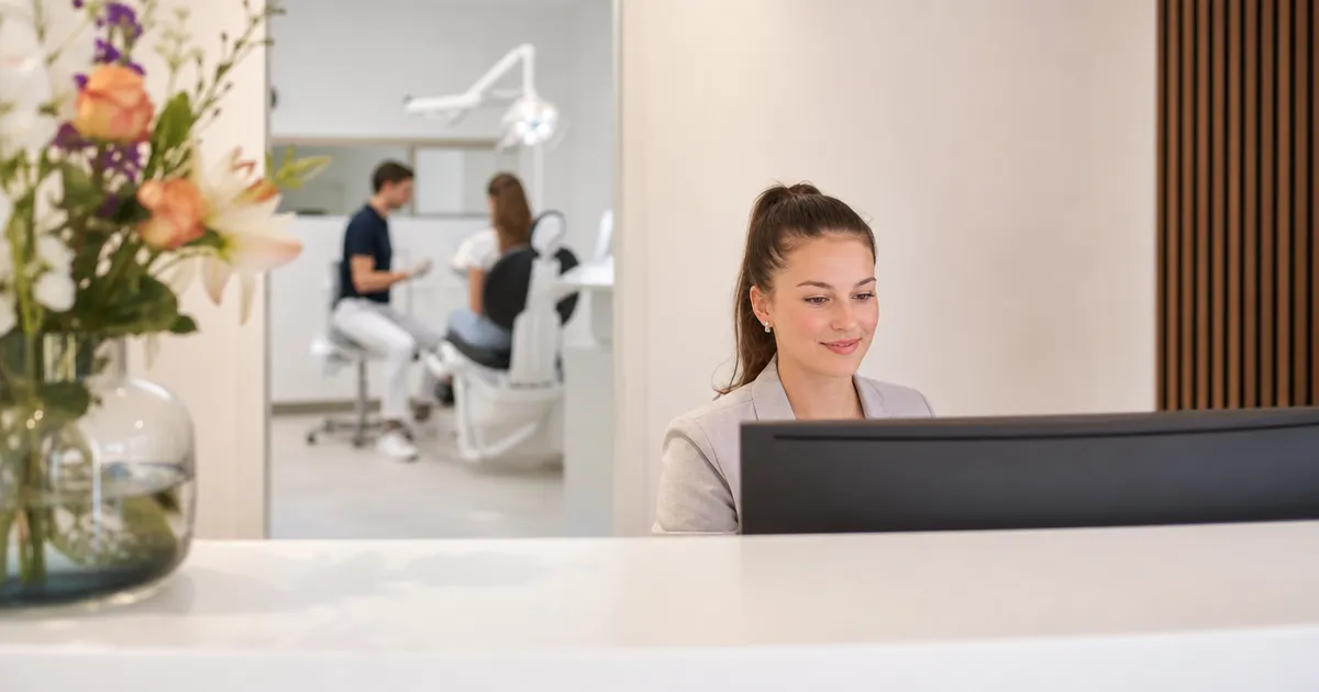 Balieassistente achter de computer in een tandartspraktijk: vijf praktische AI-toepassingen voor tandartsen