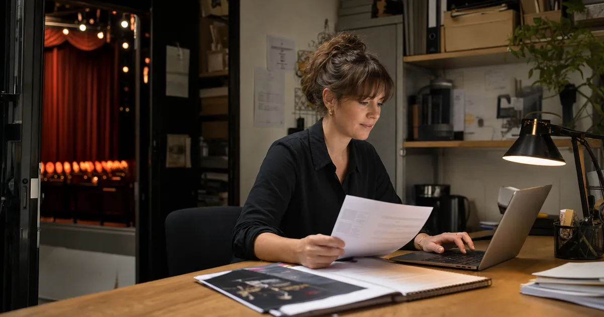 Marketingmedewerker van een theater bekijkt een conceptprogrammatekst en een subsidieaanvraag op een laptop