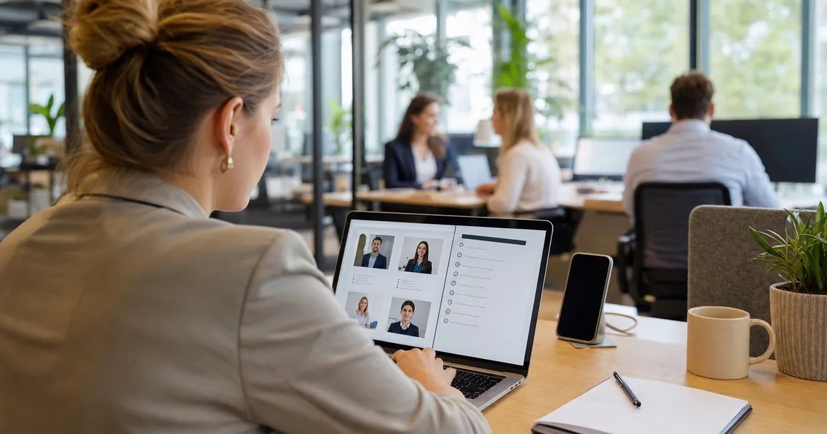Intercedent bekijkt cv's en een zoekprofiel op een scherm op kantoor: AI voor uitzendbureaus