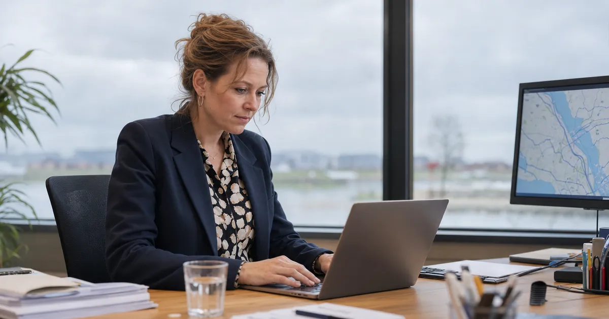 Beleidsmedewerker van een waterschap bekijkt een conceptbesluit op een watervergunning op een laptop