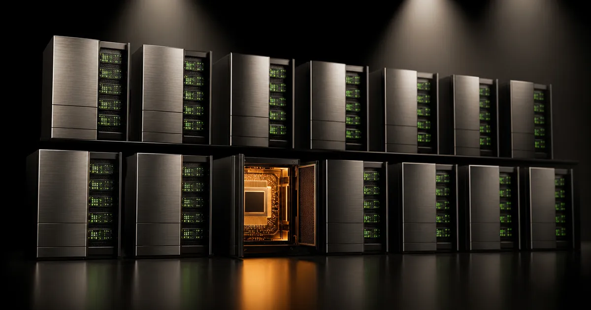 Serverrekken met één oranje gloeiende chip tussen groene: Amazon Trainium-chips buiten AWS