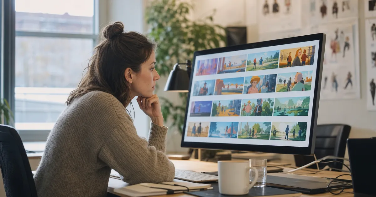 Marketeer bekijkt storyboardscenes van een AI-animatie op een groot beeldscherm
