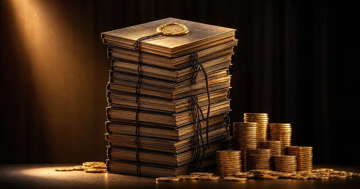 Stapel manuscripten met gouden zegel en munten: de auteursrechtschikking van Anthropic van 1,5 miljard dollar
