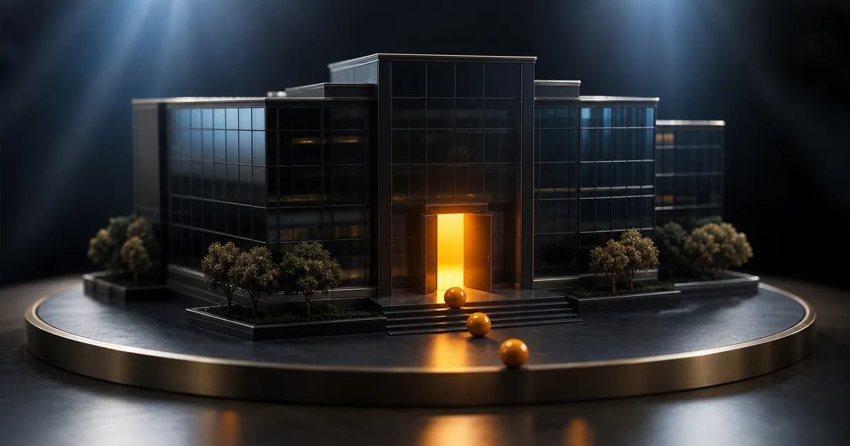 Glazen gebouw met een open deur waar oranje bollen doorheen rollen: Claude-modellen die tijdens veiligheidstests binnendrongen
