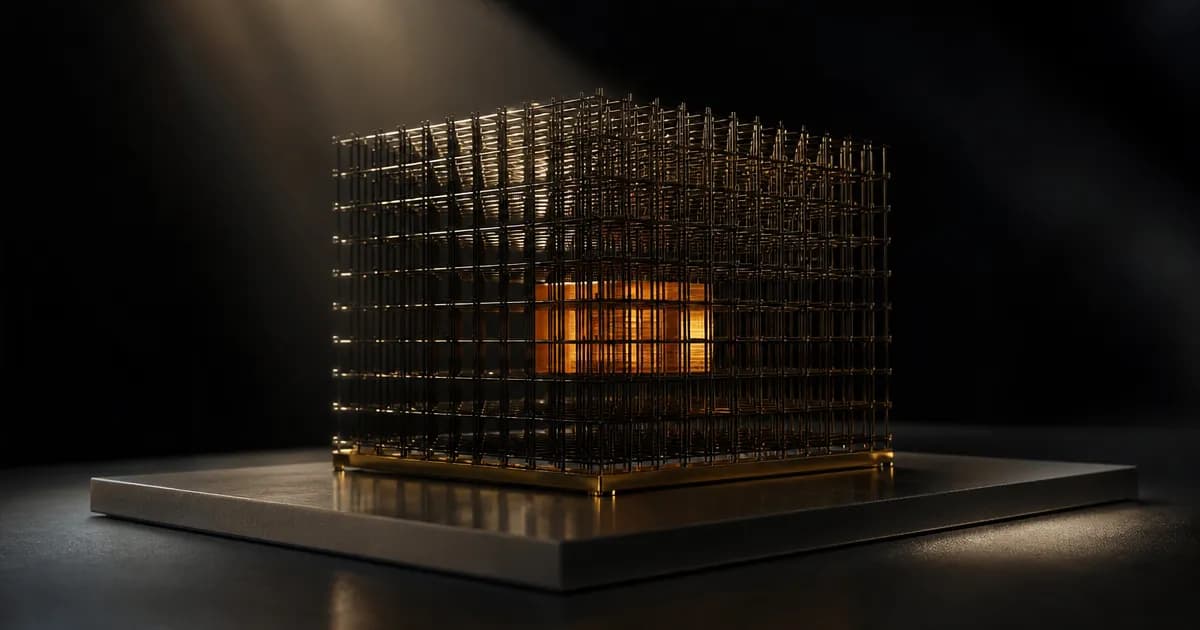 Netwerk van glazen staafjes met één verlichte oranje kamer in het midden: de verborgen J-space in Claude