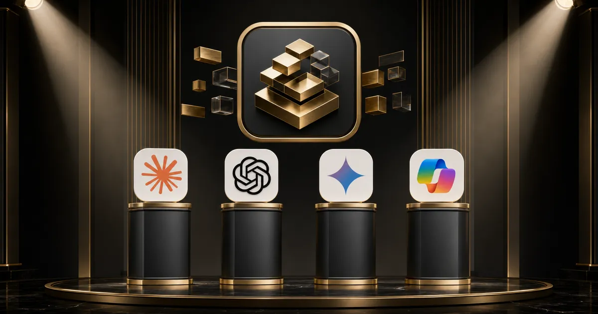 Awardshow-podium met vier gelijke sokkels en de emblemen van AI-bouwtools, terwijl gouden bouwblokken zich tot een app vormen, app maken met AI