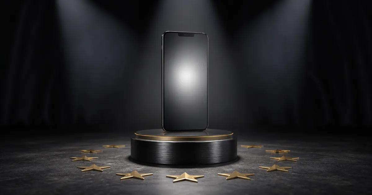 Donkere glazen telefoon in een ring van twaalf gouden sterren: Siri AI dat Nederland nog niet bereikt