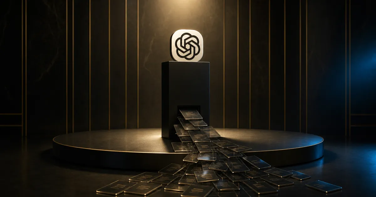 Sokkel met OpenAI-knoopembleem waaruit glazen documentkaartjes ongemerkt het donker in glijden, bedrijfsdata die via ChatGPT weglekt (shadow AI)
