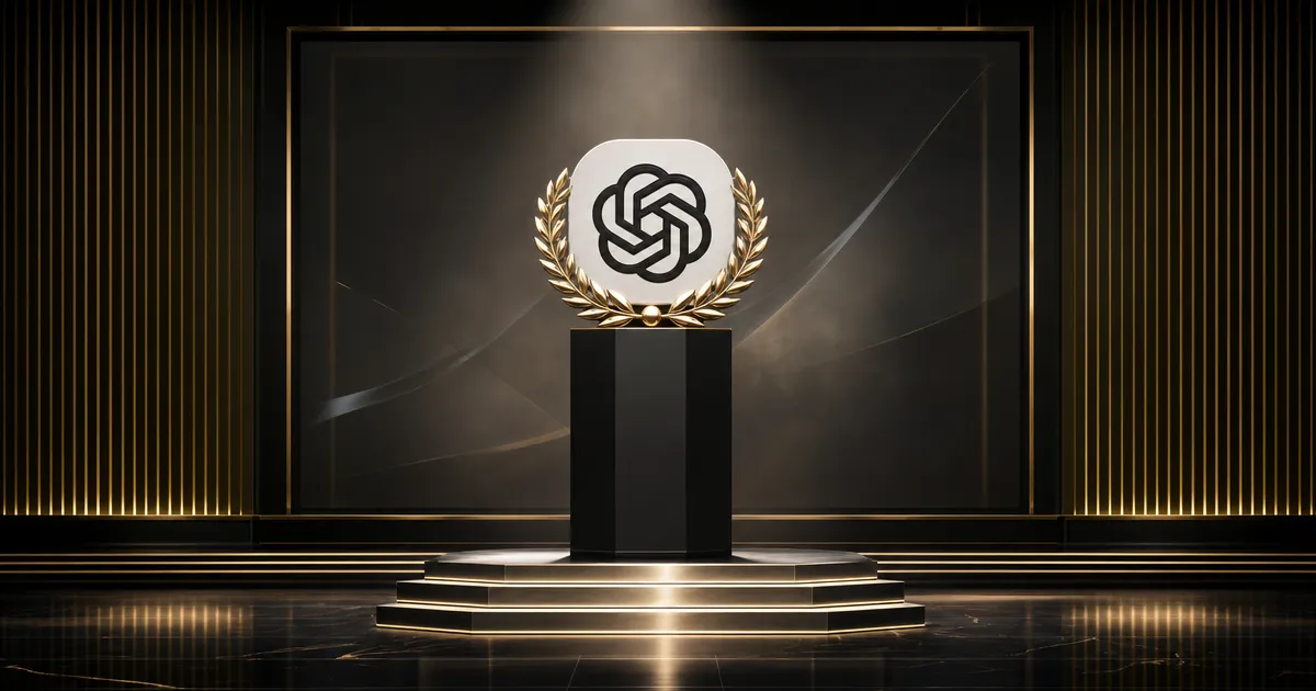 Zwart podium met wit badge-embleem en gouden lauwerkrans in een donkere luxe studio: ChatGPT als zakelijke standaard